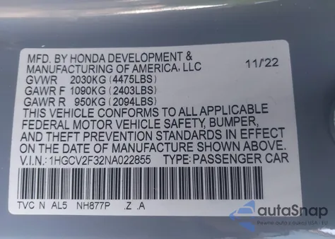 2022 Honda Accord Sport 2.0T z USA, uszkodzony, nr VIN 1HGCV2F32NA022855